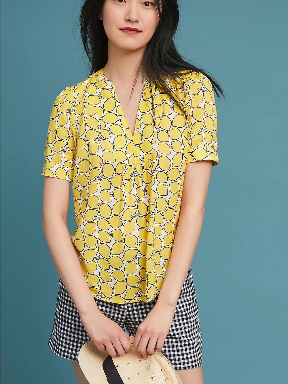 Anthropologie 4 Lemon V-Neck Short Sleeve Flowy Colorful Boho Preppy Relaxed Fit